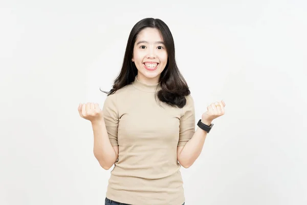 Celebração Expressão Feliz Bela Mulher Asiática Isolada Fundo Branco — Fotografia de Stock