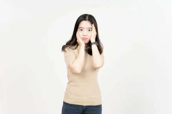 Hand Gesicht Langweilige Geste Der Schönen Asiatin Auf Weißem Hintergrund — Stockfoto