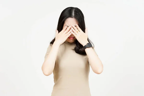 Sofrendo Dor Cabeça Bela Mulher Asiática Isolada Fundo Branco — Fotografia de Stock