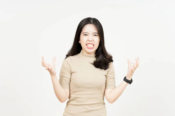 Boos Gebaar Van Mooie Aziatische Vrouw Geïsoleerd Witte Achtergrond — Stockfoto