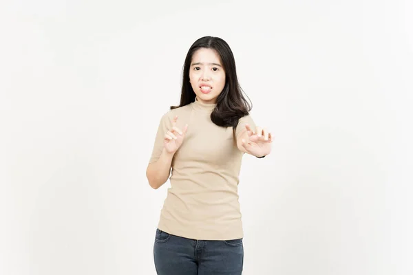 Parar Rejeitar Gestos Bela Mulher Asiática Isolado Fundo Branco — Fotografia de Stock