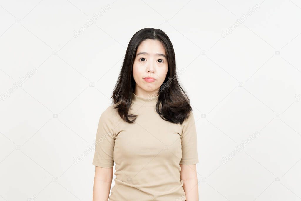 Looking to Camera with Expressionless Face Of Beautiful Asian Woman Isolated On White Background