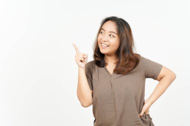 Beyaz arka planda tecrit edilmiş Güzel Asyalı Kadın 'ın Ürün ve İşaret Tarafı