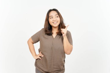 Beyaz arka planda tecrit edilmiş Güzel Asyalı Kadın 'ın Ürün ve İşaret Tarafı