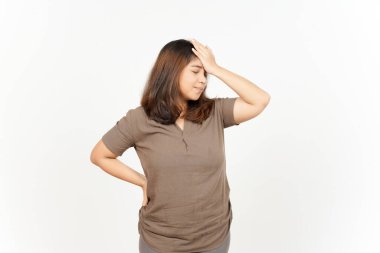 Beyaz arka planda tecrit edilmiş güzel bir Asyalı kadının jestini unut.