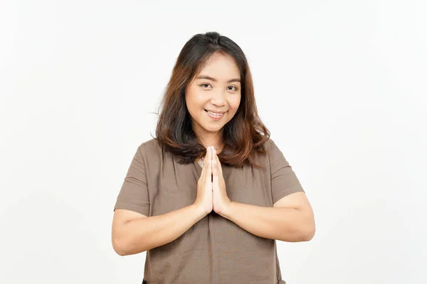 Namaste Gruß Der Schönen Asiatischen Frau Auf Weißem Hintergrund — Stockfoto