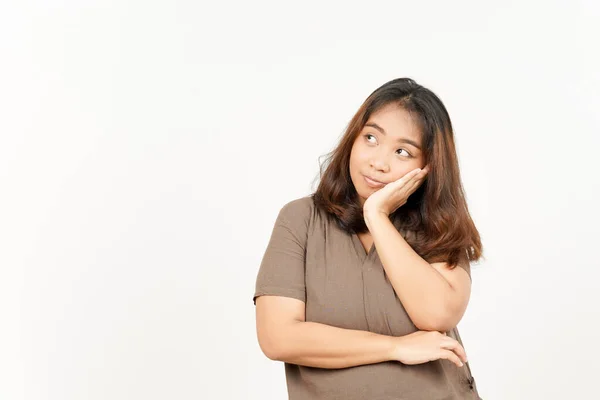 Memikirkan Gerakan Wanita Asia Yang Cantik Terisolasi Latar Belakang Putih — Stok Foto