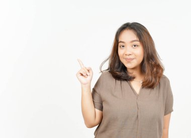 Beyaz arka planda tecrit edilmiş Güzel Asyalı Kadın 'ın Ürün ve İşaret Tarafı