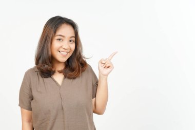 Beyaz arka planda tecrit edilmiş Güzel Asyalı Kadın 'ın Ürün ve İşaret Tarafı