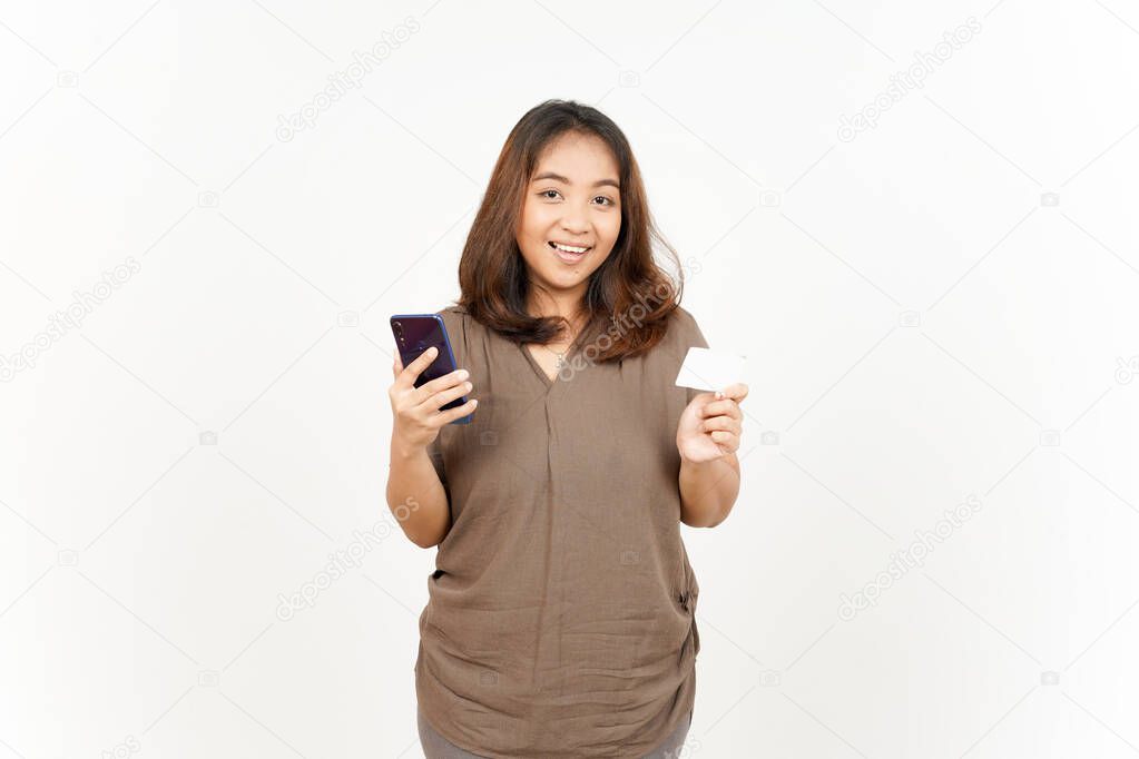 Holding Smartphone and credit card of Beautiful Asian Woman Isolated On White Background