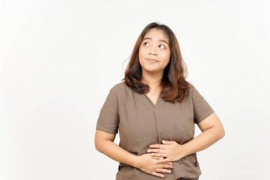 Düşün ve karnına dokun. Beyaz arka planda tecrit edilmiş güzel bir Asyalı kadını yemek istiyorum.