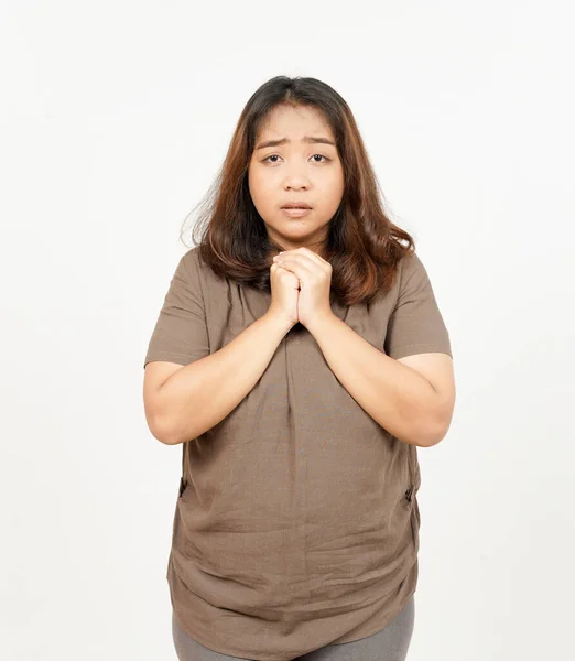 Quer Pedir Desculpas Implorar Bela Mulher Asiática Isolada Fundo Branco — Fotografia de Stock
