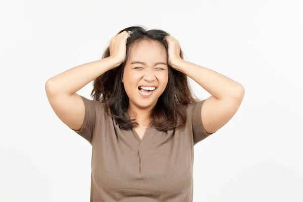 Irritado Estressado Puxe Cabelo Bela Mulher Asiática Isolada Fundo Branco — Fotografia de Stock