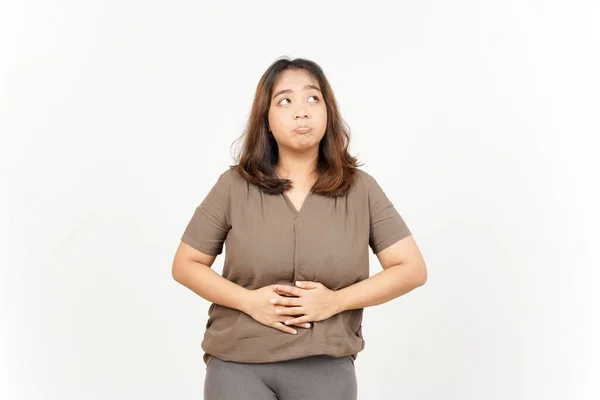 Pense Toque Estômago Quer Comer Bela Mulher Asiática Isolada Fundo — Fotografia de Stock