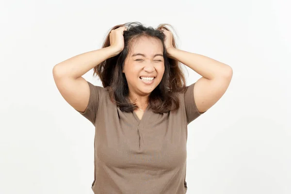 Wütend Gestresste Haare Der Schönen Asiatin Auf Weißem Hintergrund — Stockfoto