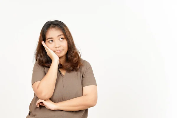 Réflexion Geste Belle Asiatique Femme Isolé Sur Fond Blanc — Photo