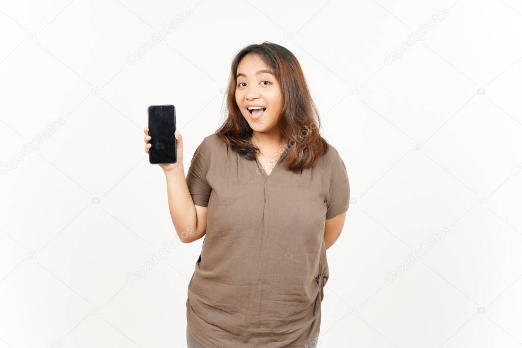 Showing Apps or Ads On Blank Screen Smartphone of Beautiful Asian Woman Isolated On White Background