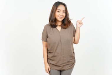 Beyaz arka planda tecrit edilmiş Güzel Asyalı Kadın 'ın Ürün ve İşaret Tarafı