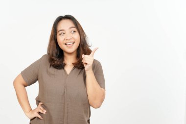 Beyaz arka planda tecrit edilmiş Güzel Asyalı Kadın 'ın Ürün ve İşaret Tarafı