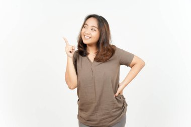 Beyaz arka planda tecrit edilmiş Güzel Asyalı Kadın 'ın Ürün ve İşaret Tarafı