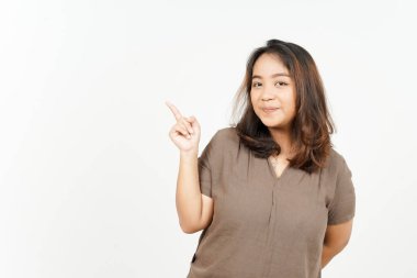 Beyaz arka planda tecrit edilmiş Güzel Asyalı Kadın 'ın Ürün ve İşaret Tarafı