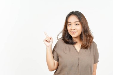 Beyaz arka planda tecrit edilmiş Güzel Asyalı Kadın 'ın Ürün ve İşaret Tarafı