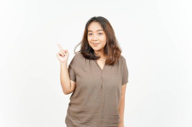 Beyaz arka planda tecrit edilmiş Güzel Asyalı Kadın 'ın Ürün ve İşaret Tarafı