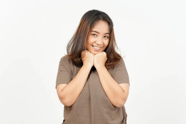 Glimlach Zoek Naar Camera Van Mooie Aziatische Vrouw Geïsoleerd Witte — Stockfoto