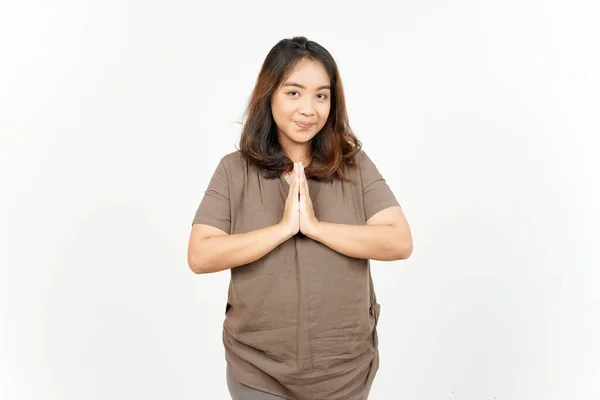 Namaste Mãos Gesto Bela Mulher Asiática Isolado Fundo Branco — Fotografia de Stock