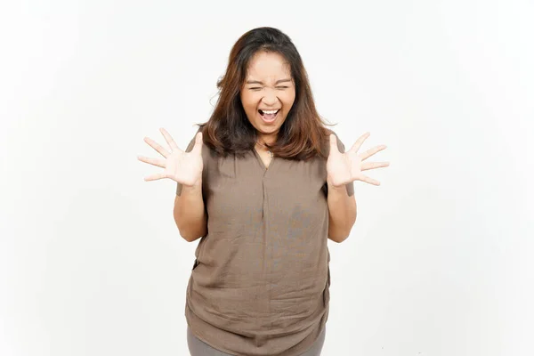 Irritado Gritando Bela Mulher Asiática Isolada Fundo Branco — Fotografia de Stock