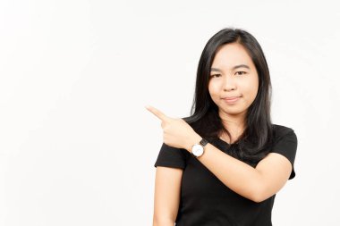 Beyaz arka planda tecrit edilmiş Güzel Asyalı Kadın 'ın Ürün ve İşaret Tarafı