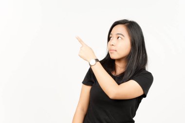 Beyaz arka planda tecrit edilmiş Güzel Asyalı Kadın 'ın Ürün ve İşaret Tarafı