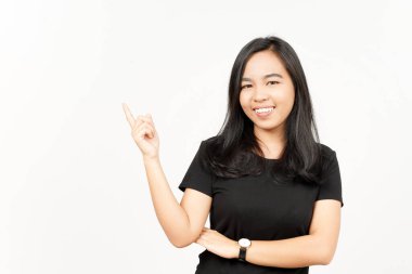 Beyaz arka planda tecrit edilmiş Güzel Asyalı Kadın 'ın Ürün ve İşaret Tarafı