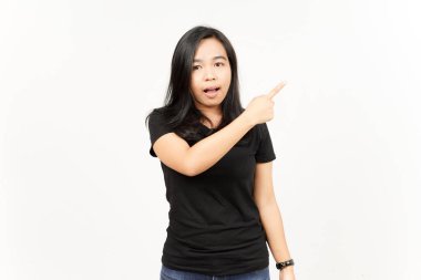 Beyaz arka planda tecrit edilmiş Güzel Asyalı Kadın 'ın Ürün ve İşaret Tarafı