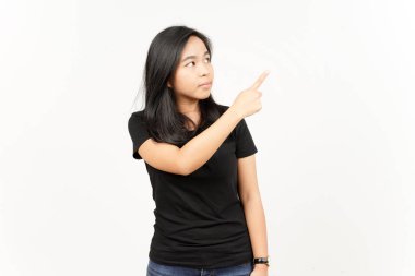 Beyaz arka planda tecrit edilmiş Güzel Asyalı Kadın 'ın Ürün ve İşaret Tarafı