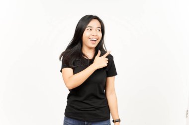 Beyaz arka planda tecrit edilmiş Güzel Asyalı Kadın 'ın Ürün ve İşaret Tarafı