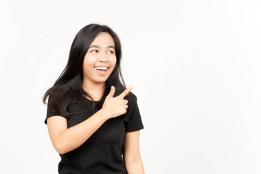 Beyaz arka planda tecrit edilmiş Güzel Asyalı Kadın 'ın Ürün ve İşaret Tarafı