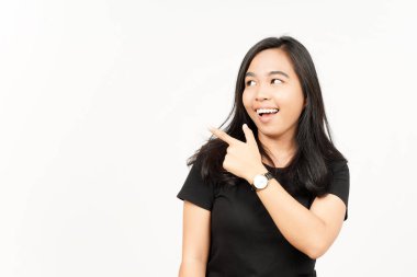 Beyaz arka planda tecrit edilmiş Güzel Asyalı Kadın 'ın Ürün ve İşaret Tarafı