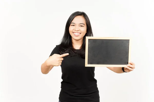 Mostrando Apresentando Segurando Blank Blackboard Bela Mulher Asiática Isolada Branco — Fotografia de Stock