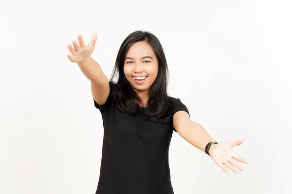 Offering Hug Von Schön Asiatisch Frau Isolated Auf Weiß Hintergrund — Stockfoto
