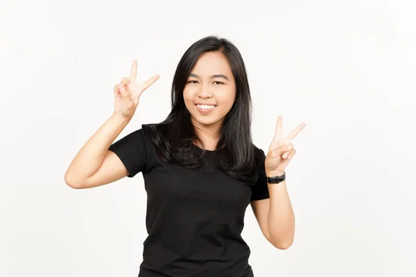 Toon Vrede Teken Van Mooie Aziatische Vrouw Geïsoleerd Witte Achtergrond — Stockfoto