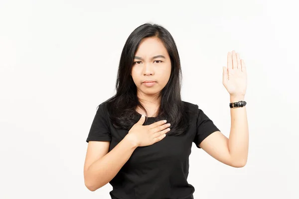 Gesto Giuramento Bella Donna Asiatica Isolato Sfondo Bianco — Foto Stock