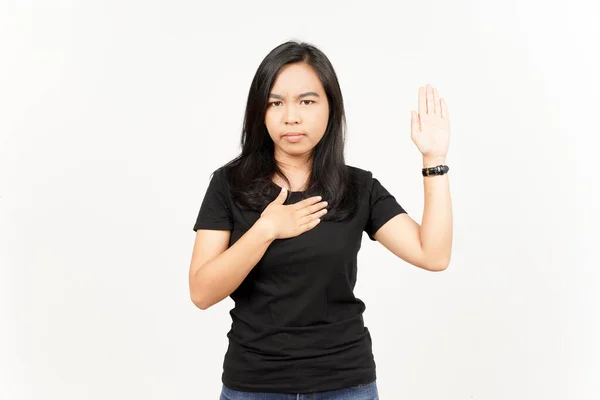 Gesto Giuramento Bella Donna Asiatica Isolato Sfondo Bianco — Foto Stock