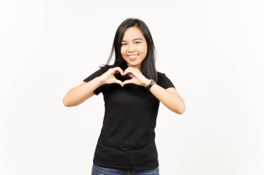 Beyaz arka planda izole edilmiş Güzel Asyalı Kadın 'ın Aşk İşareti
