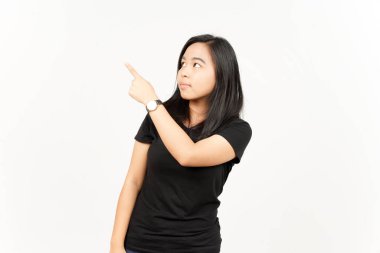 Beyaz arka planda tecrit edilmiş Güzel Asyalı Kadın 'ın Ürün ve İşaret Tarafı