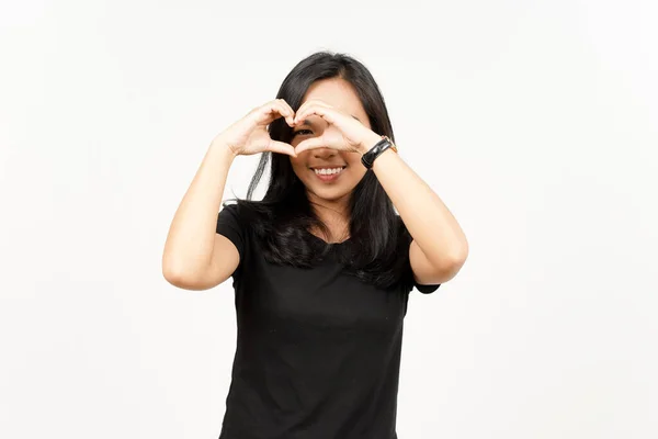 Mostrando Sinal Amor Bela Mulher Asiática Isolada Fundo Branco — Fotografia de Stock