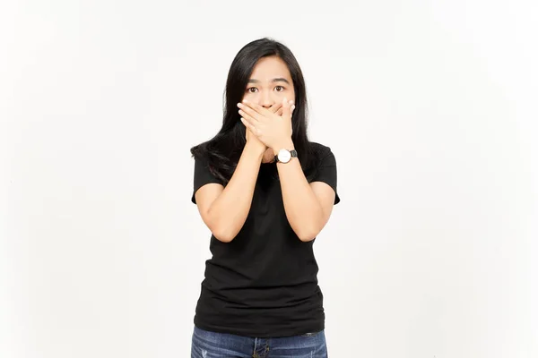 Chockad Och Täcker Munnen Vackra Asiatiska Kvinna Isolerad Vit Bakgrund — Stockfoto