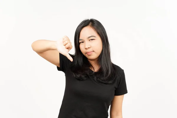 Mostrando Polegares Para Baixo Bela Mulher Asiática Isolada Fundo Branco — Fotografia de Stock