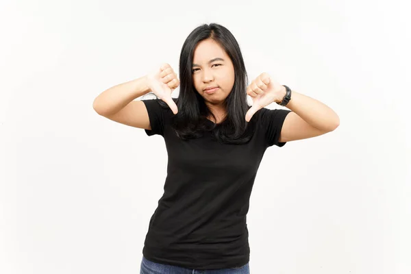 Visar Tummar Ner Vacker Asiatisk Kvinna Isolerad Vit Bakgrund — Stockfoto