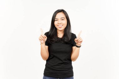 Beyaz arka planda tecrit edilmiş güzel Asyalı Kadın 'ın Ürünleri ve İşaretleri